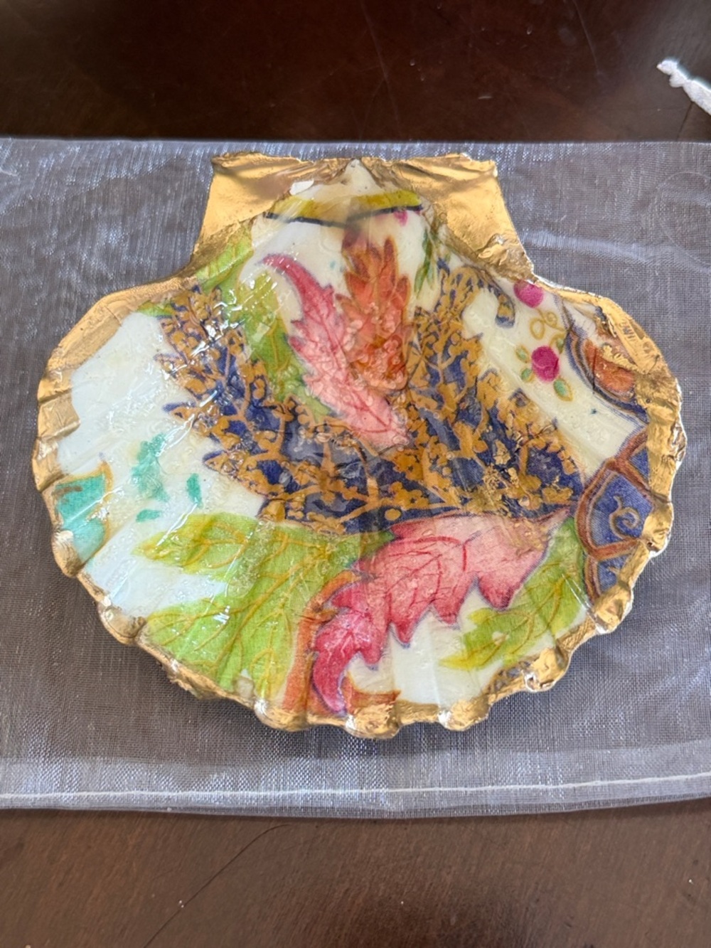 Decorative Gold-Trimmed decoupage scallo p shell  Trinket Dish - Multicolor